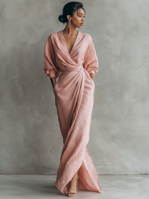 Vestido Maxi Minimalista Rosa com decote em V de linho misto para Mulher