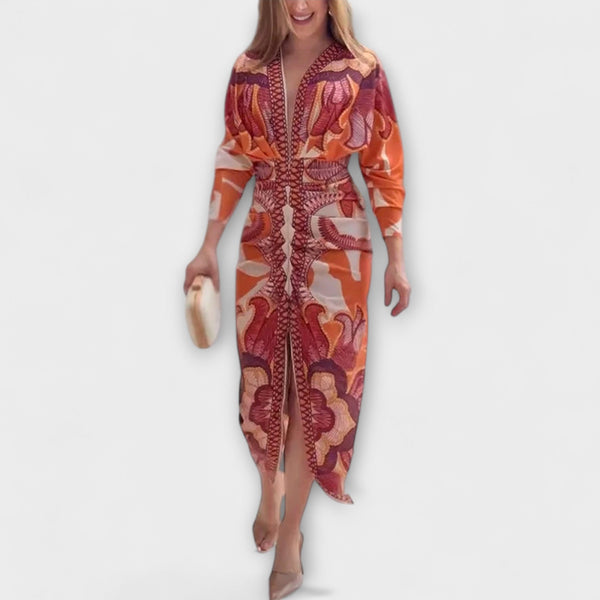 Cleo - vestidos midi únicos com mangas tipo dolman e estampado brasileiro