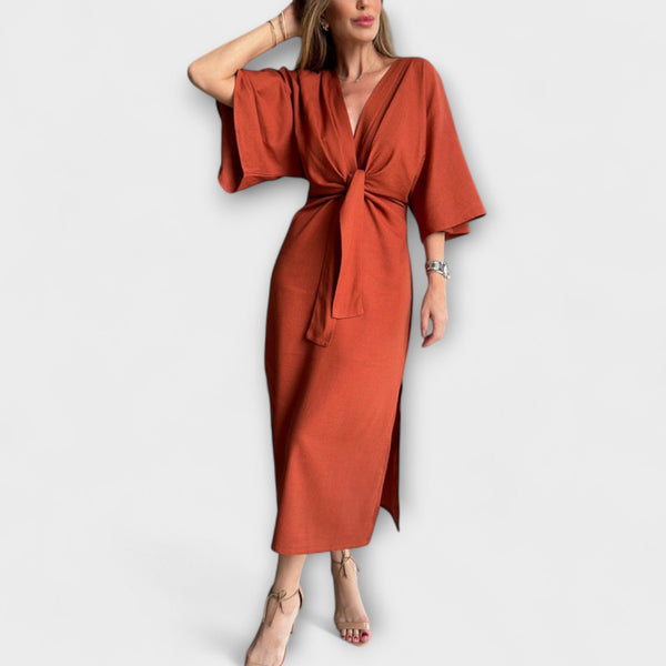 Holly - Vestido casual com decote em V, confeccionado em algodão e linho com laço