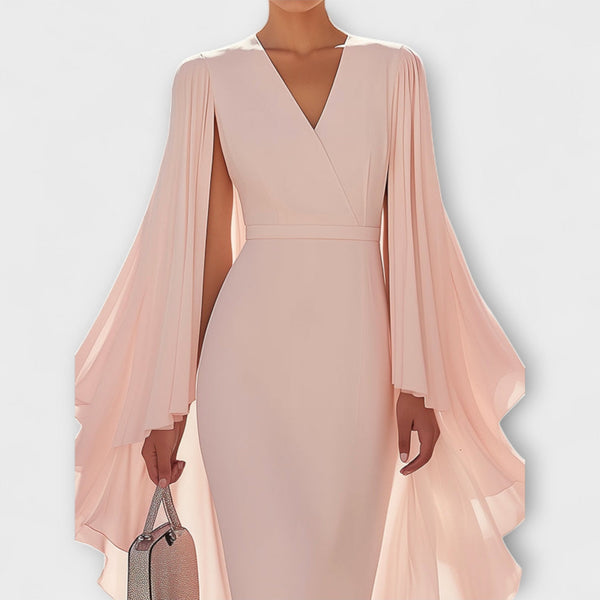 Rachel - Vestido midi rosa com decote em V e mangas de chiffon