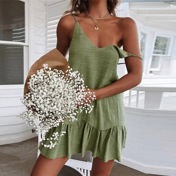 Vestido mini com volantes e alças finas para mulher com decote em V