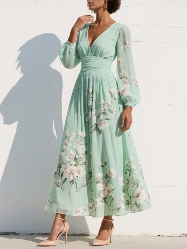 Vestido midi floral plissado de chiffon com decote em V verde claro