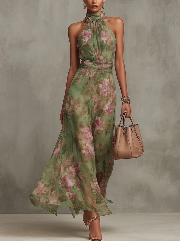 Serena ∙ Vestido largo verde floral em chiffon com decote halter