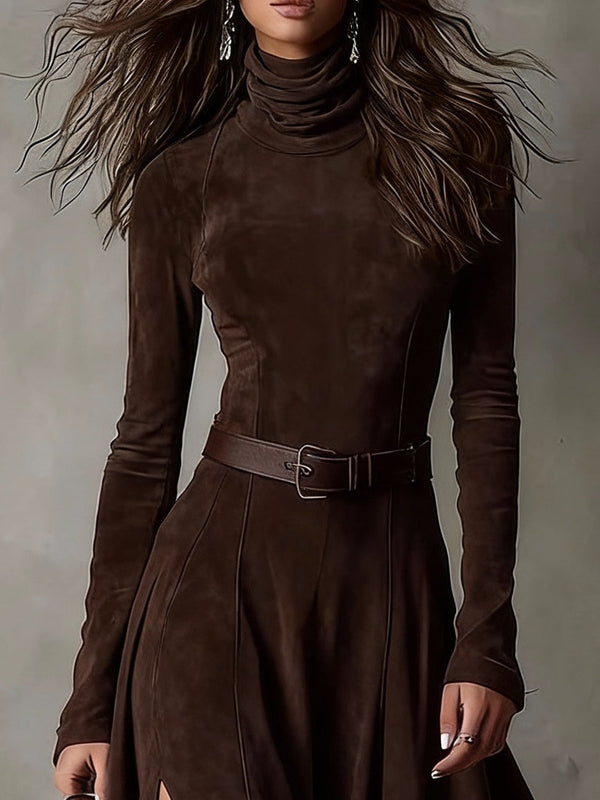 Vestido de Suede Sintético com Gola Alta, Manga Longa e Abertura (Inclui cinto)