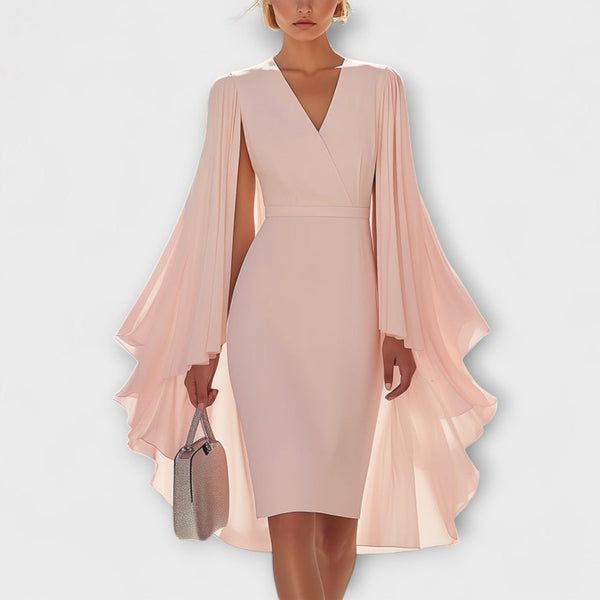 Rachel - Vestido midi rosa com decote em V e mangas de chiffon