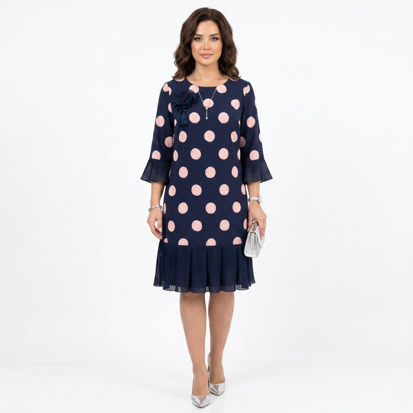 Clara | Vestido Azul Marinho às Bolinhas com Detalhe de Folhos