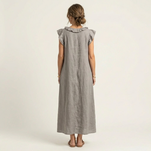 Josefina | Vestido longo com textura de linho com decote em V e babados
