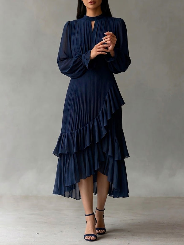 Vestido midi plisado elegante com volantes