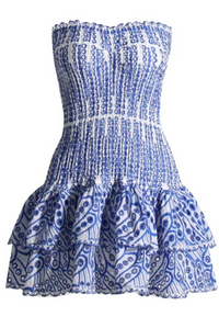 Vestido mini franzido sem alças para mulher com saia em camadas com volantes