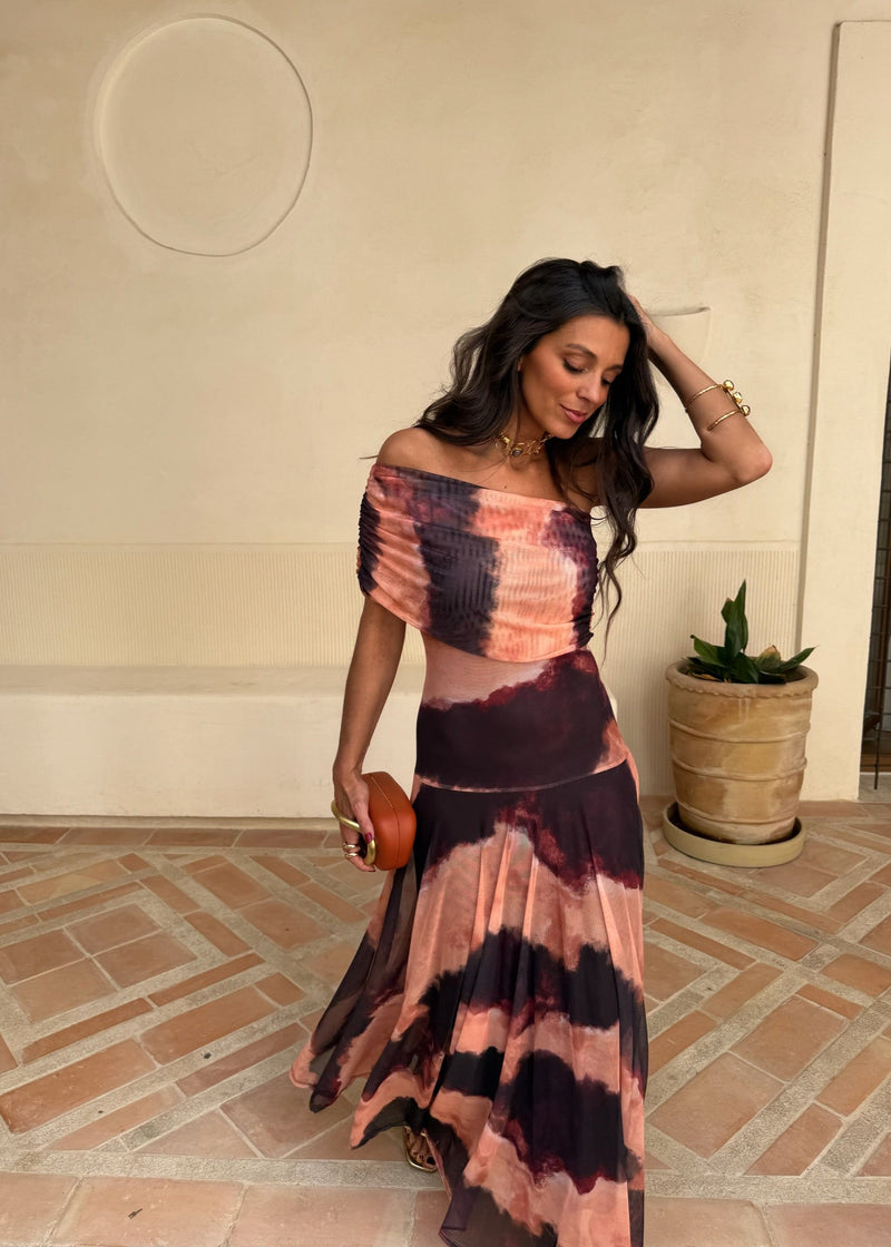 Catarina | Vestido Maxi Assimétrico com Estampado Abstrato