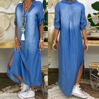 Lea | Vestido longo em look jeans com fenda lateral