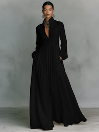 Sita | Maxi Vestido com Patchwork, Gola Alta e Mangas Longas
