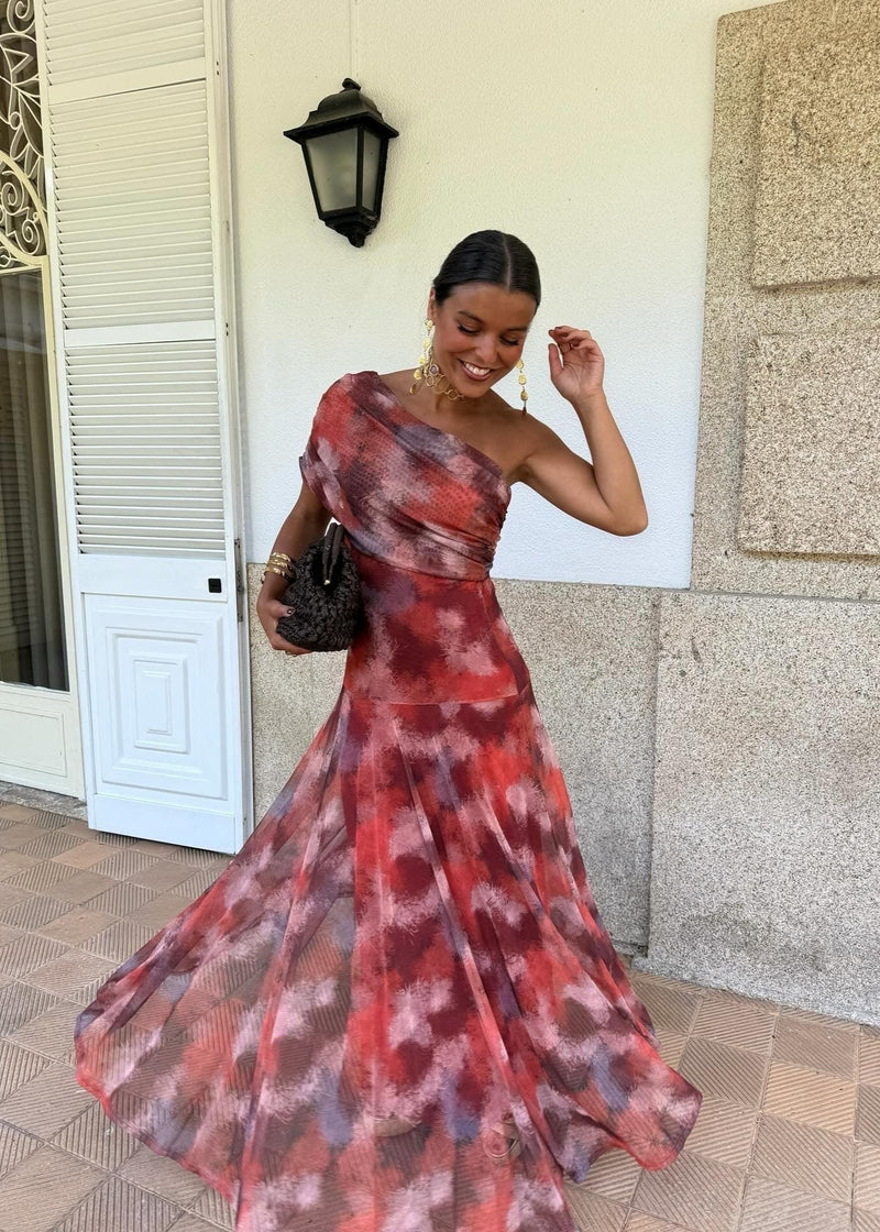 Catarina | Vestido Maxi Assimétrico com Estampado Abstrato