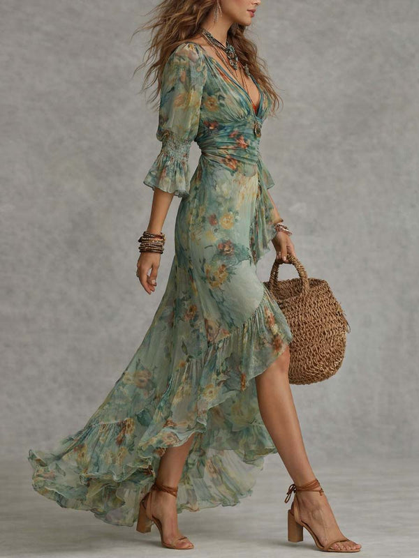 Aurora | Vestido Maxi Floral com Saia Assimétrica Romântica