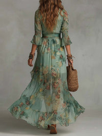 Aurora | Vestido Maxi Floral com Saia Assimétrica Romântica