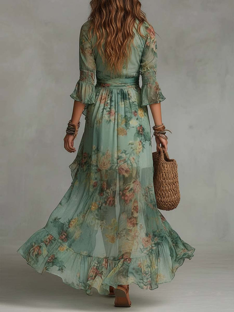Aurora | Vestido Maxi Floral com Saia Assimétrica Romântica