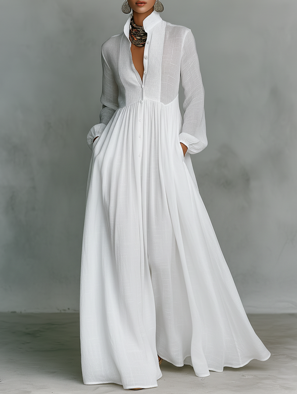 Alba Montiel™ | Vestido minimalista de algodão e linho com patchwork, gola alta e mangas longas