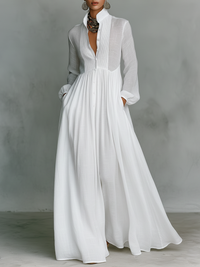 Sita | Maxi Vestido com Patchwork, Gola Alta e Mangas Longas