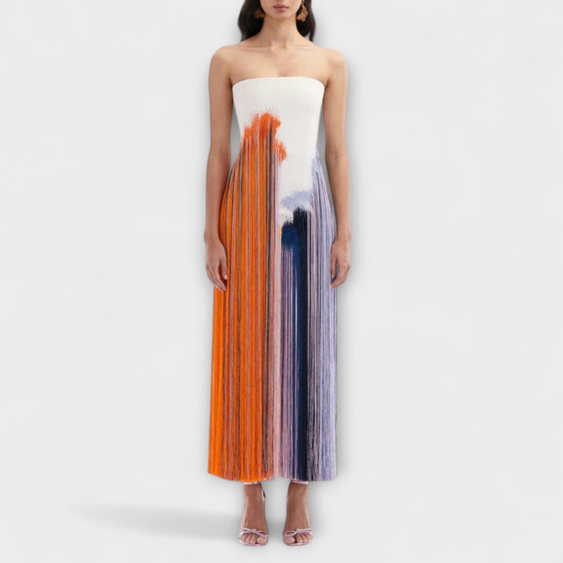 Verano - Vestido elegante com blocos de cor e franjas da moda