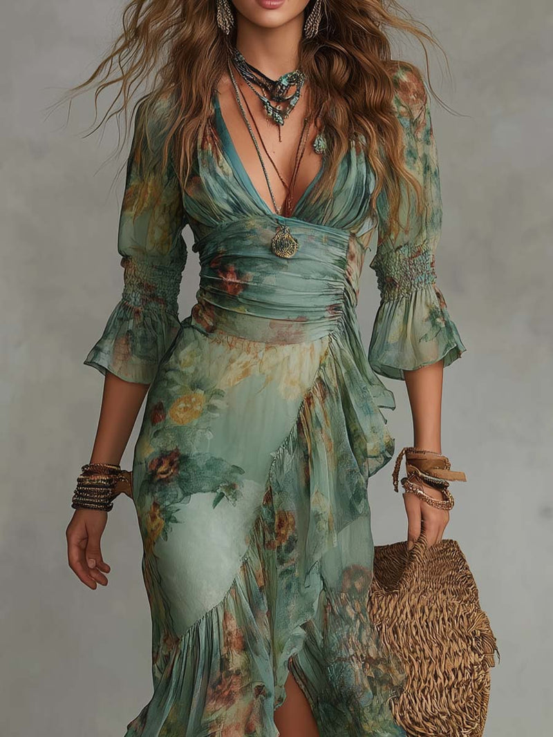 Aurora | Vestido Maxi Floral com Saia Assimétrica Romântica