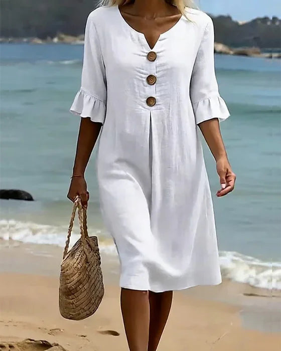 Vanesa | Vestido de linho com textura, manga bufante e botões