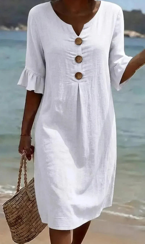 Vanesa | Vestido de linho com textura, manga bufante e botões