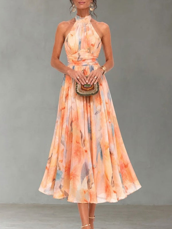 Aurora | Vestido com decote halter e estampado aguarela