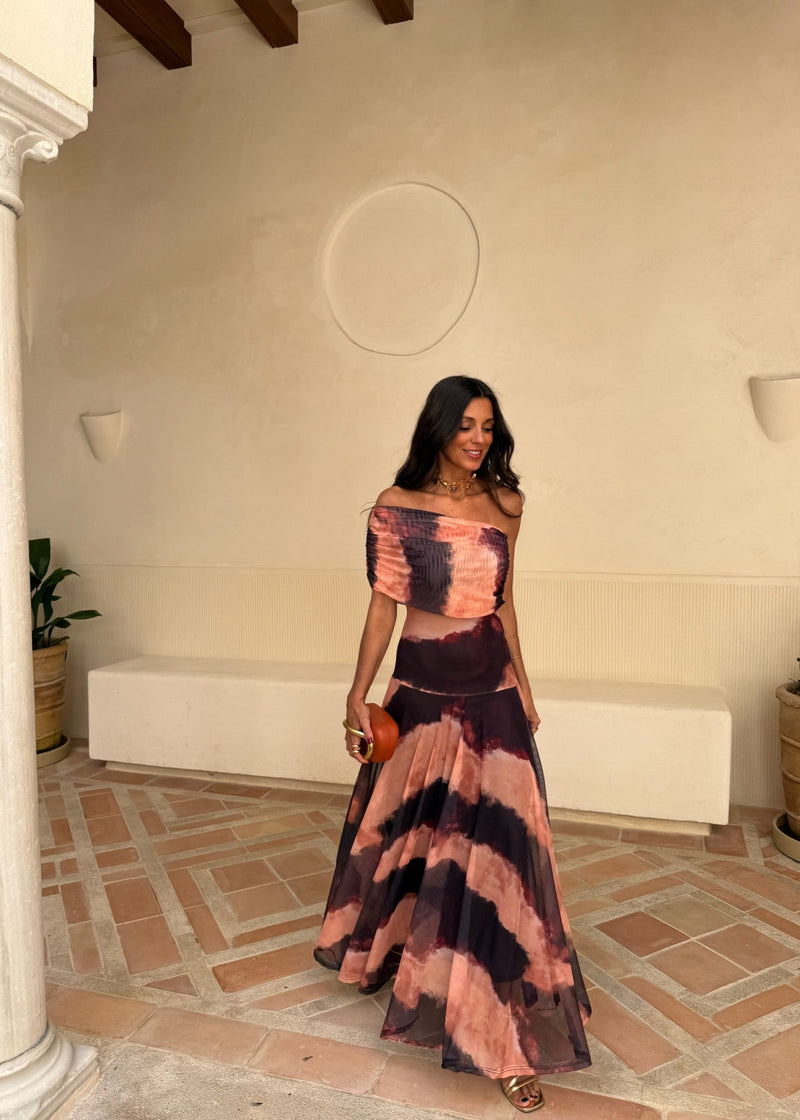 Catarina | Vestido Maxi Assimétrico com Estampado Abstrato
