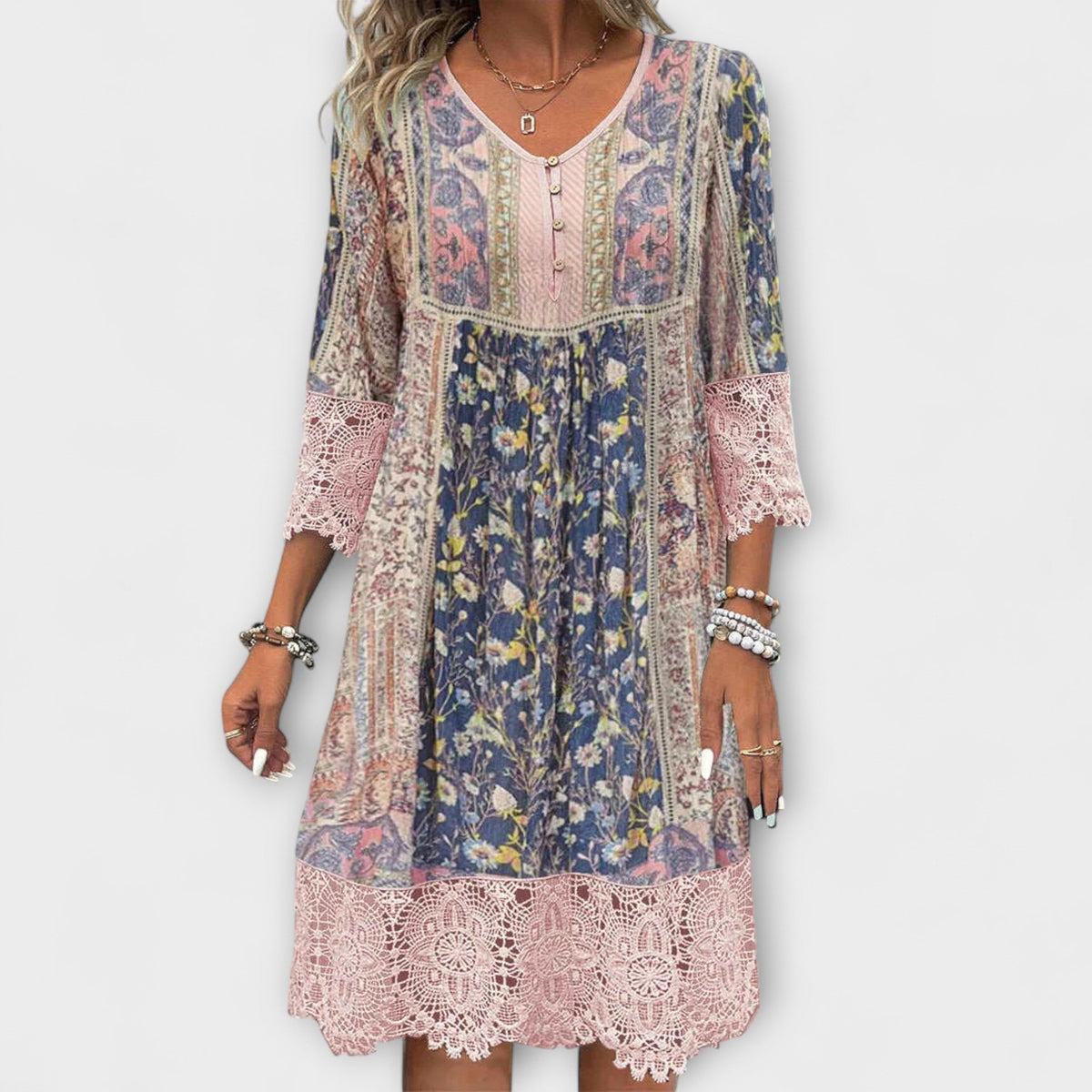 Casey - Vestido boho com renda e estampado floral vintage