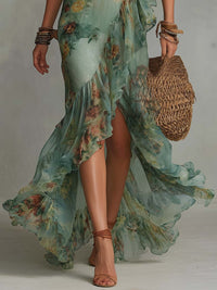 Aurora | Vestido Maxi Floral com Saia Assimétrica Romântica