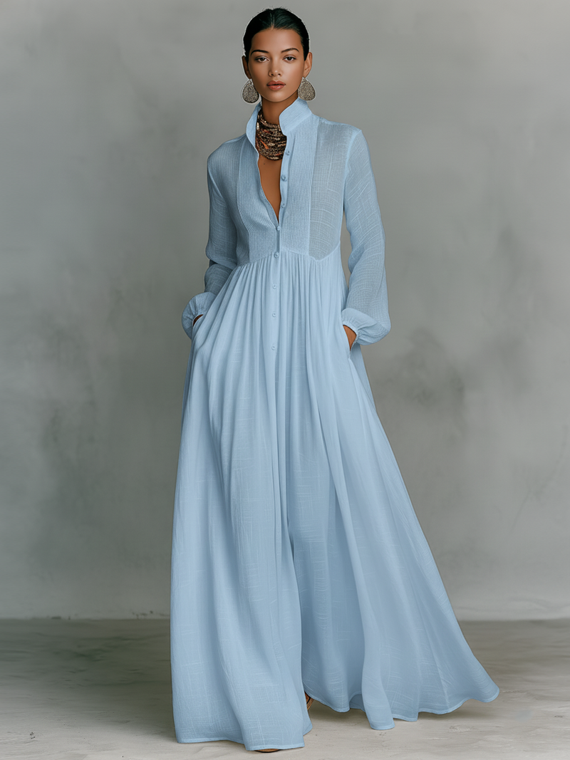 Sita | Maxi Vestido com Patchwork, Gola Alta e Mangas Longas