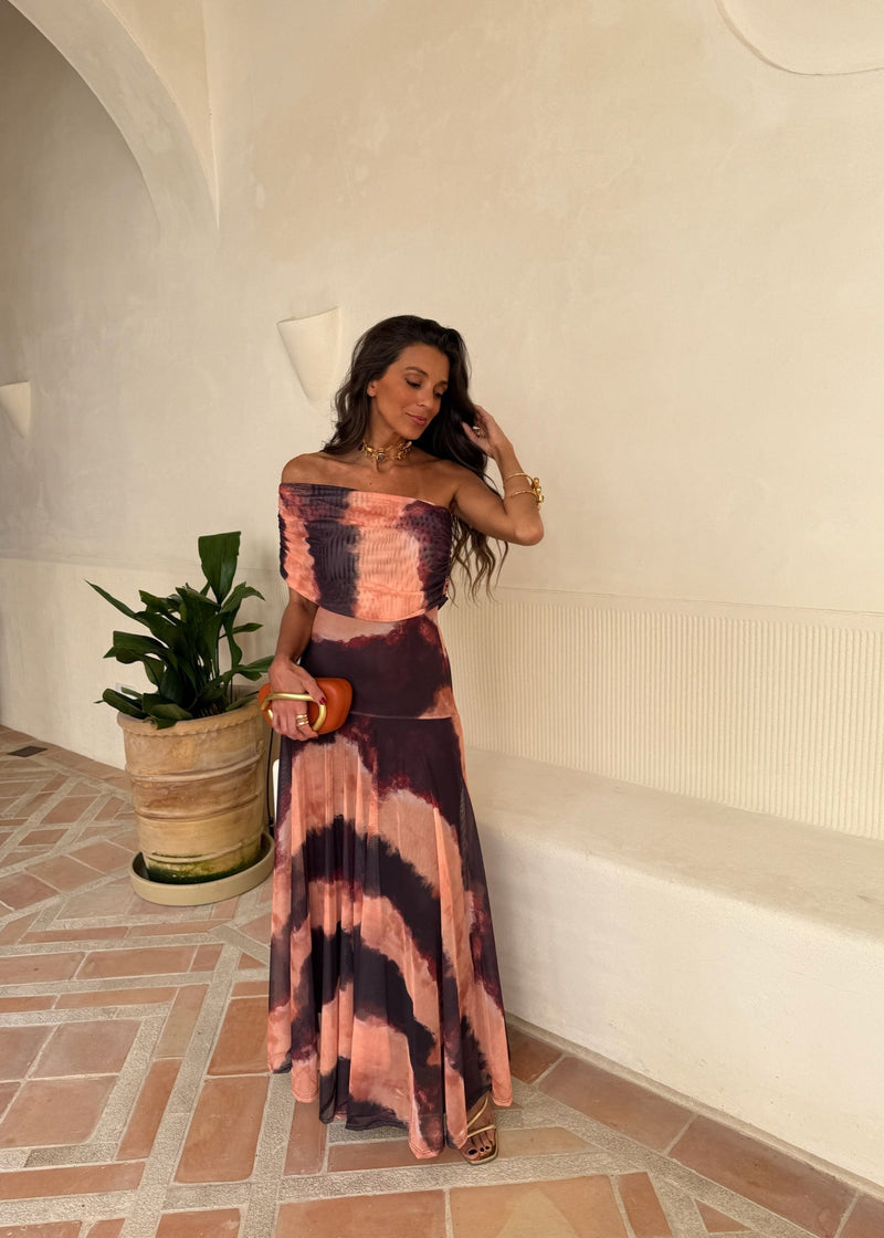 Catarina | Vestido Maxi Assimétrico com Estampado Abstrato