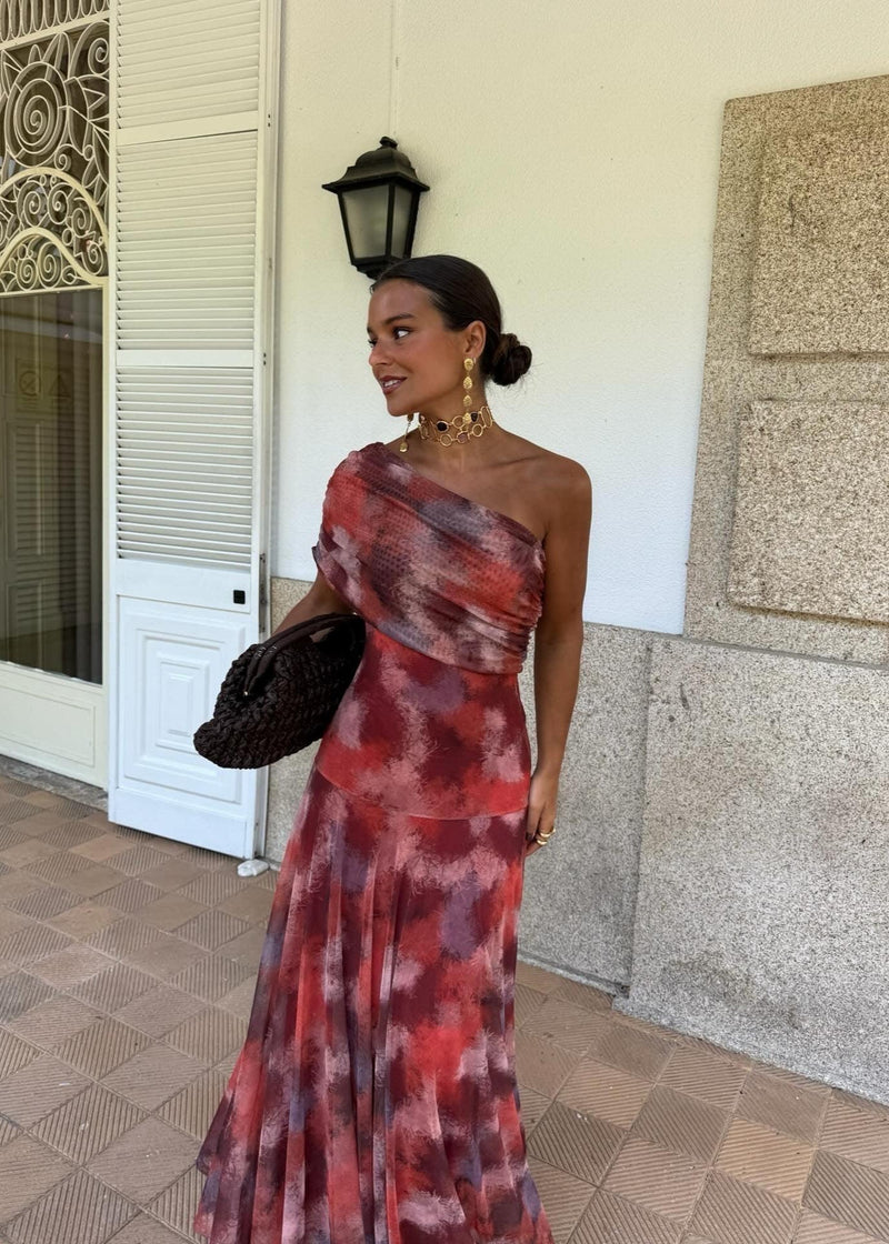Catarina | Vestido Maxi Assimétrico com Estampado Abstrato