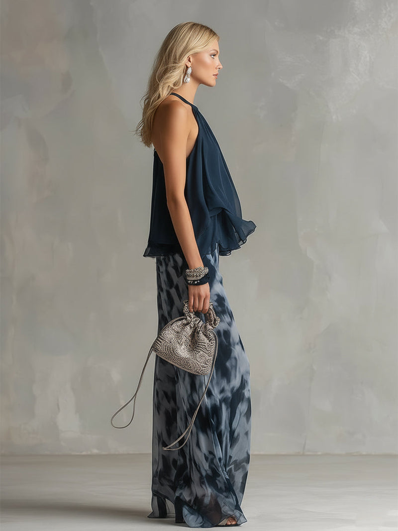 Ludovica | Conjunto Elegante com Top de Gola Alta e Calças Largas Impressas