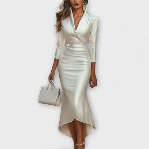 Rebecca - Vestido midi de cetim branco com decote em V