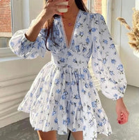 Vestido mini floral com decote em V para mulher, mangas longas e saia com volantes