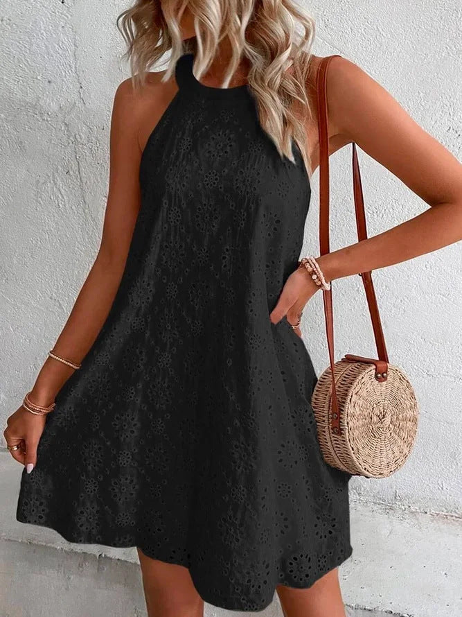 Vestido curto sem mangas de corte A para mulher com design floral de ilhós