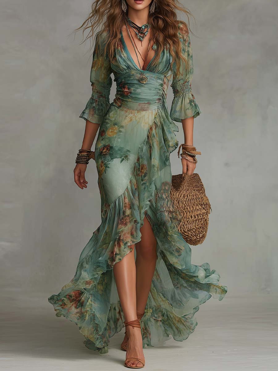 Aurora | Vestido Maxi Floral com Saia Assimétrica Romântica