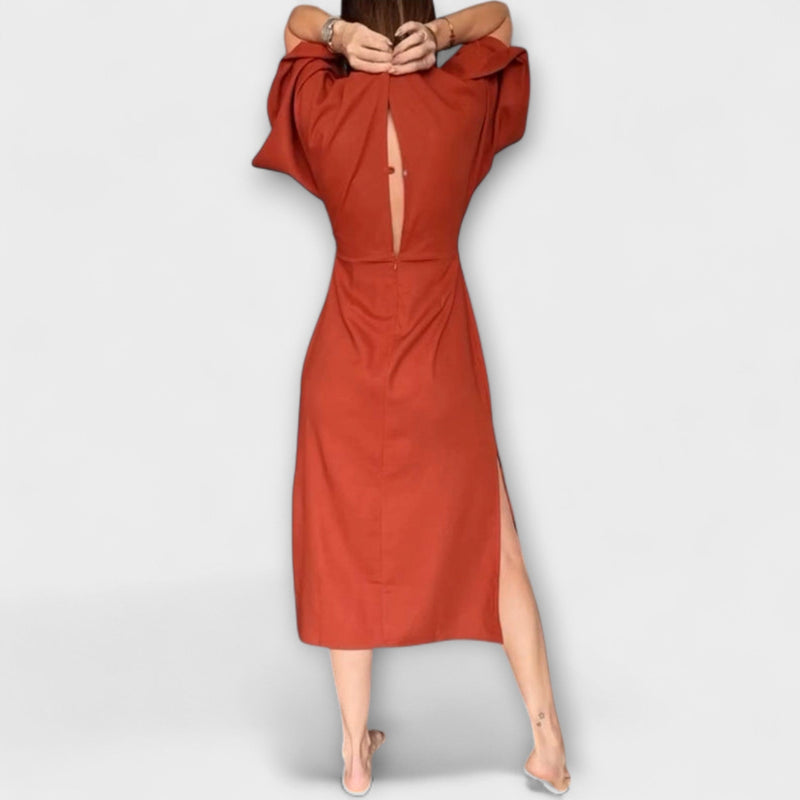 Holly - Vestido casual com decote em V, confeccionado em algodão e linho com laço