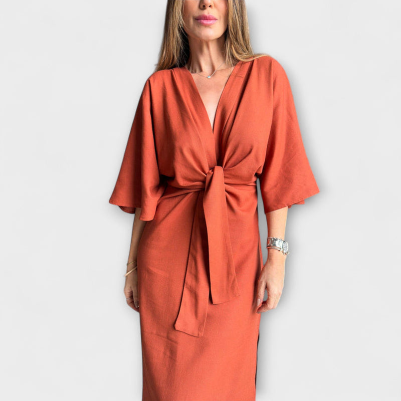 Holly - Vestido casual com decote em V, confeccionado em algodão e linho com laço