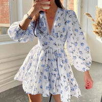 Vestido mini floral de corte A para mulher com decote em V e mangas longas