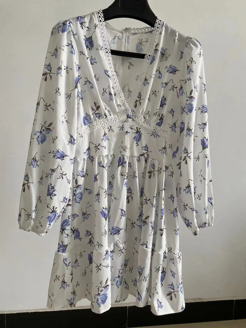 Vestido mini floral de corte A para mulher com decote em V e mangas longas