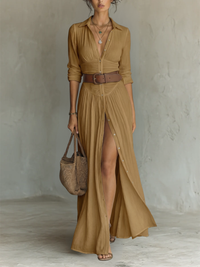 Helenia | Vestido Maxi Langes com Gola Cortada e Mangas Longas para Mulheres