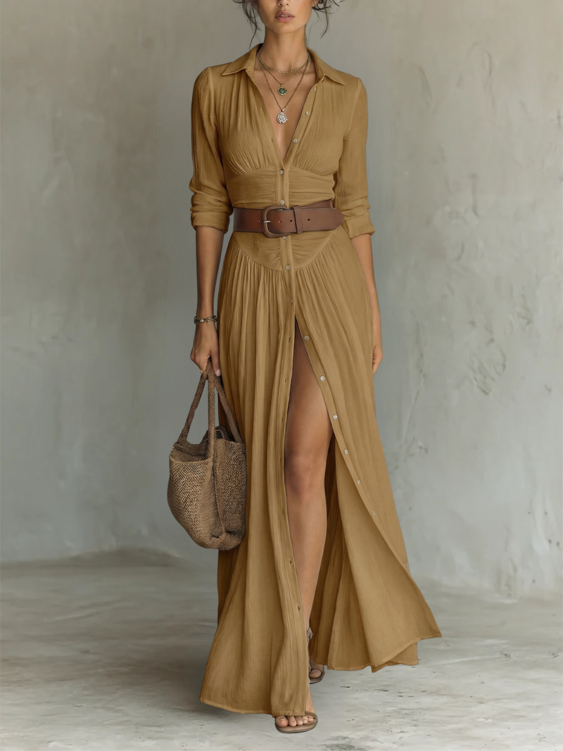 Helenia | Vestido Maxi Langes com Gola Cortada e Mangas Longas para Mulheres