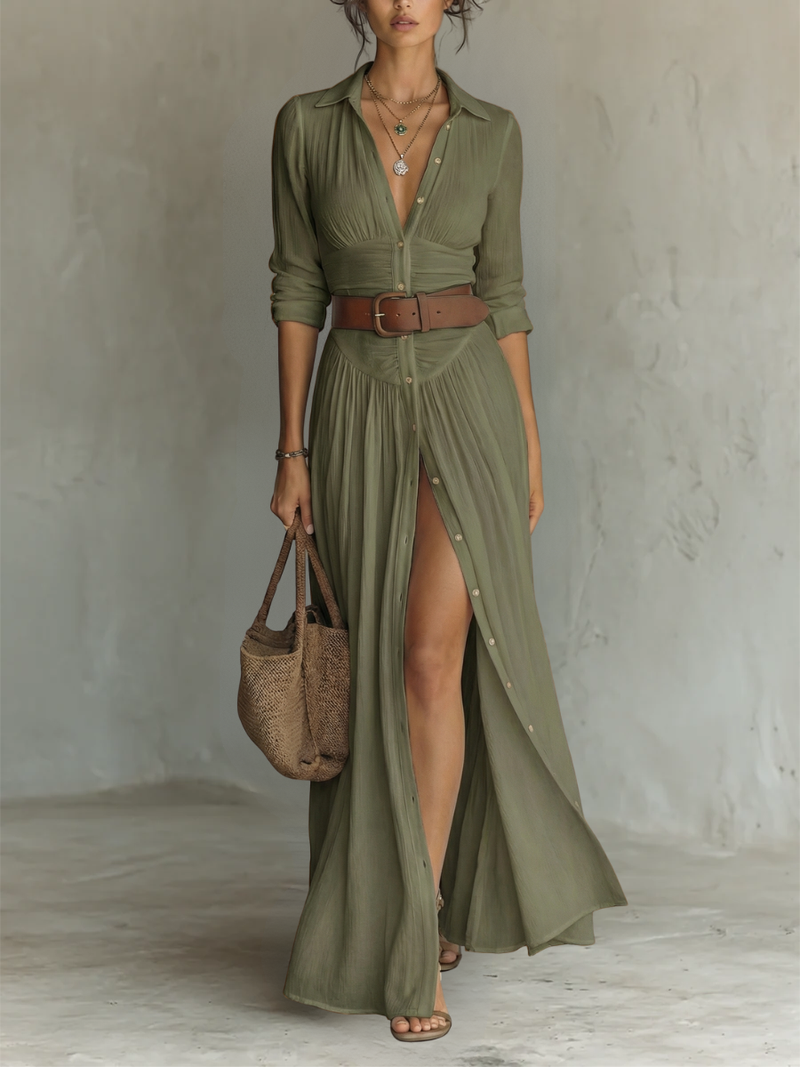 Helenia | Vestido Maxi Langes com Gola Cortada e Mangas Longas para Mulheres