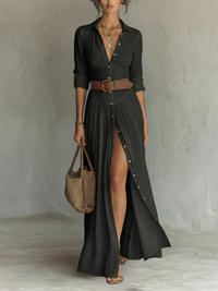 Helenia | Vestido Maxi Langes com Gola Cortada e Mangas Longas para Mulheres