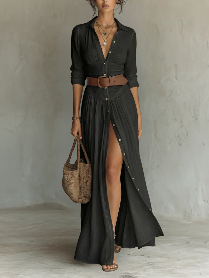 Helenia | Vestido Maxi Langes com Gola Cortada e Mangas Longas para Mulheres