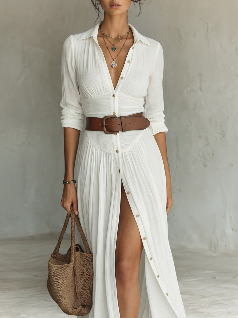 Helenia | Vestido Maxi Langes com Gola Cortada e Mangas Longas para Mulheres