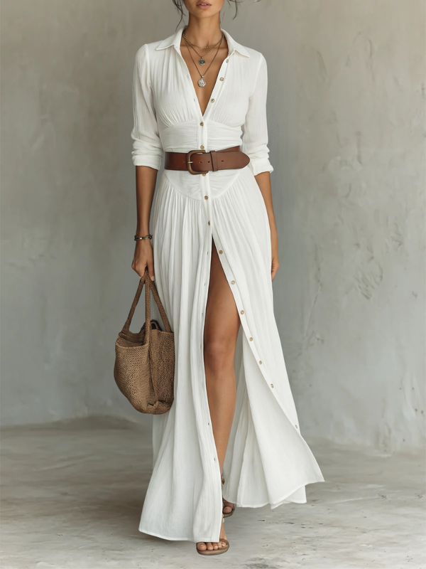 Vestido maxi largo para mulher com gola de lapela e mangas longas de linho
