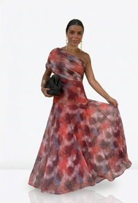 Catarina | Vestido Maxi Assimétrico com Estampado Abstrato